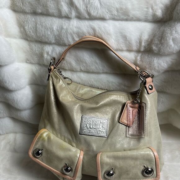 Coach Poppy soft leather gold sparkle satchel buttery pink trims. - Picture 6 of 13